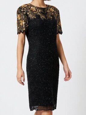 VINTAGE 80s Silk SweeLo Black Gold Beaded Sequin Short Sleeve Cocktail Dress M